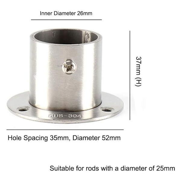 4 x Garderobsstångsfäste med skruvar, Garderobsflänsfäste, Rob Flänsfäste Fläns, 25mm Gardinstångsfäste, Garderobsstångsfäste, Rostfritt