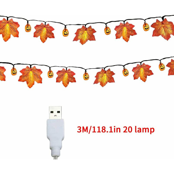 Thanksgiving Halloween Batteriboks LED Ahornblad Fe Lys Indendørs og Udendørs Dekorative Fe Lys 3M 20 Lys USB Halloween Mærkat