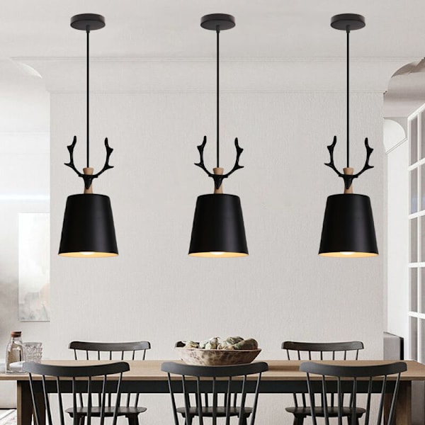 Vintage industriell hängande lampa med hjortgevir, svart