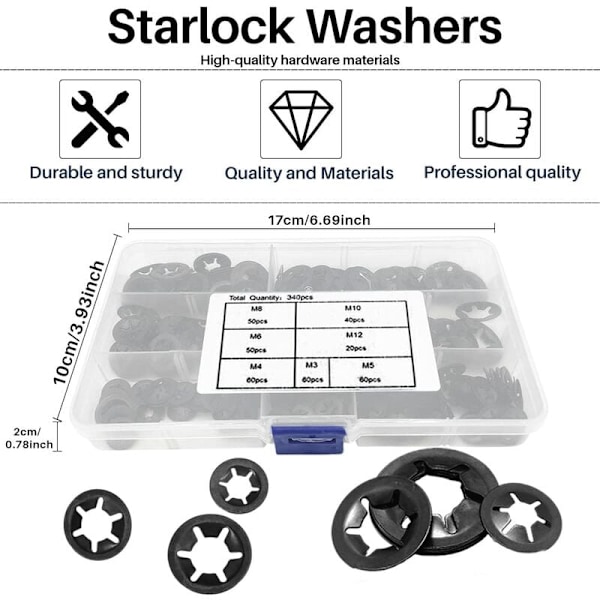 340 kpl M3/M4/M5/M6/M8/M10/M12 lukkoprikka laatikolla Starlock sisähampaat lukkoprikat lukkoprikat valikoima musta