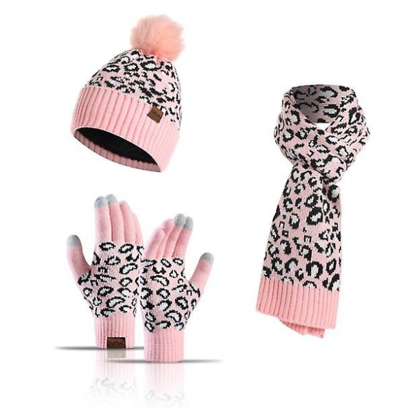 Winter Warm Knit Beanie Hat Scarf Set Pekskärmshandskar för kvinnor Pink