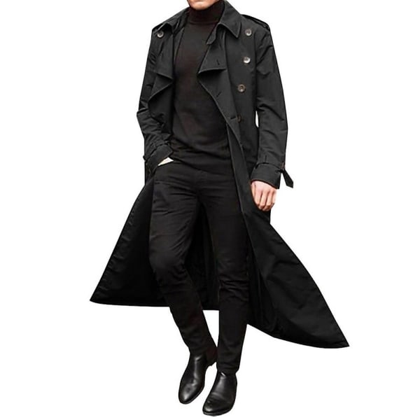 Män Trench Coat Dubbelknäppt Lapel Windbreaker Man Långjacka Ytterkläder Black M