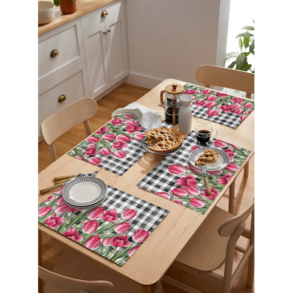 Placeringssæt med 4 til Køkken Spisebord, Varmebestandig Bomuld Hør Placeringsmåtter til Indendørs Udendørs Fester Ferie Dekoration, Pink Tulip 4pcs