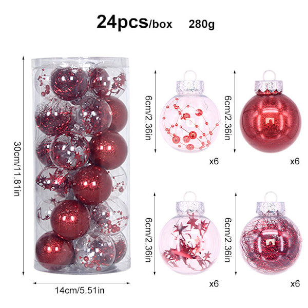 Set med 24 gjennomsiktige julekuler, 6 cm, for juletrepynt Schwarz