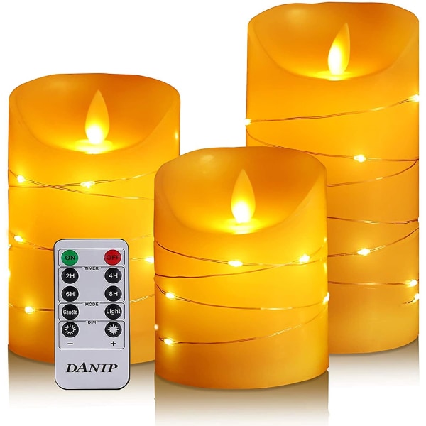 Led Flameless Ljus Med Inbäddad Ljuskedja 3-delad Led Ljus Med Fjärrkontroll Dancing Flame Real Wax Batteridriven.