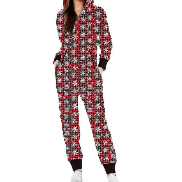 Dam Jul Onesie Ett stycke Zip Jumpsuit Hoodie Playsuit Pyjamas Xmas Nattkläder Loungewear Snowflake Plaid XL