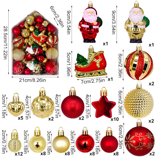 Julekulesett med 72 stykker julekuler, juletrepynt og festlig dekorasjon Rot