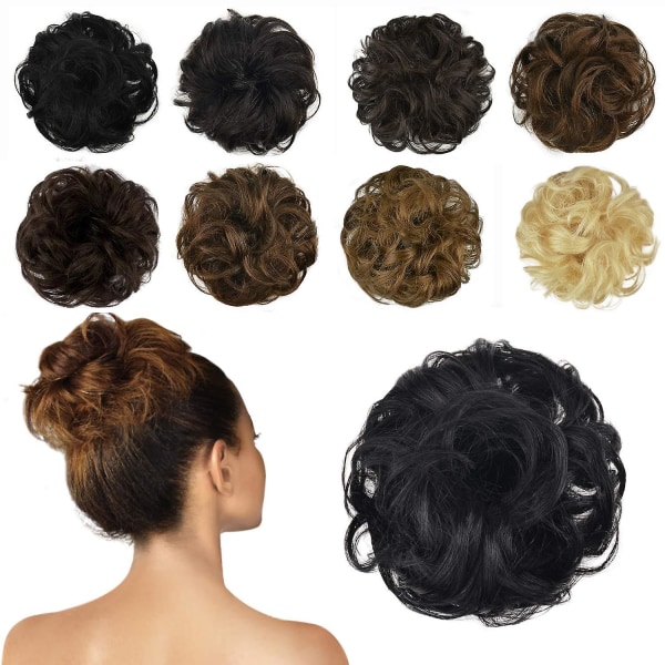 100 % människohår bulleförlängning, rörigt bulle hårbit lockigt hår Scrunchies Chignon hästsvansförlängningar Kompatibel med kvinnor Flickor Updo Donut Hairpiece Natural Black