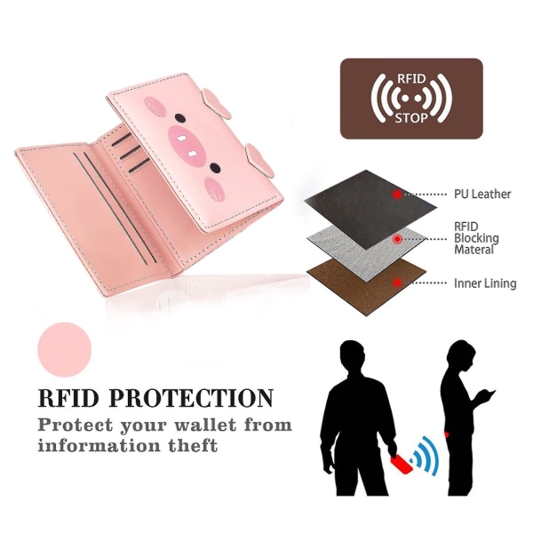 Söt liten damväska, trippelvikt tunn läderväska med RFID för flickor och kvinnor (grisrosa)