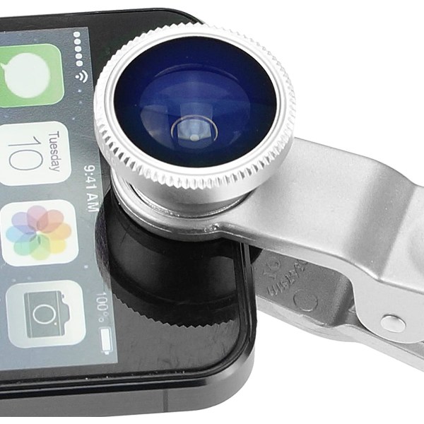 Universal 3-i-1-mobilkameraobjektivsats för smartphones inklusive - Fish Eye-objektiv / 2-i-1 makroobjektiv & vidvinkelobjektiv/ universal /bärväska silver