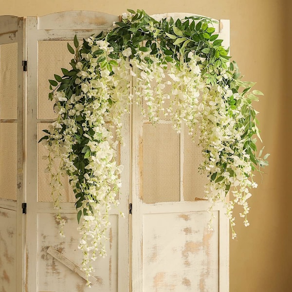 2 x 7 ft Kunstig Wisteria Vine Garland Falsk Blomst Wisteria Girlander til Udendørs Indendørs Bryllup Vægge Badeværelse Dekoration (Lilla) White