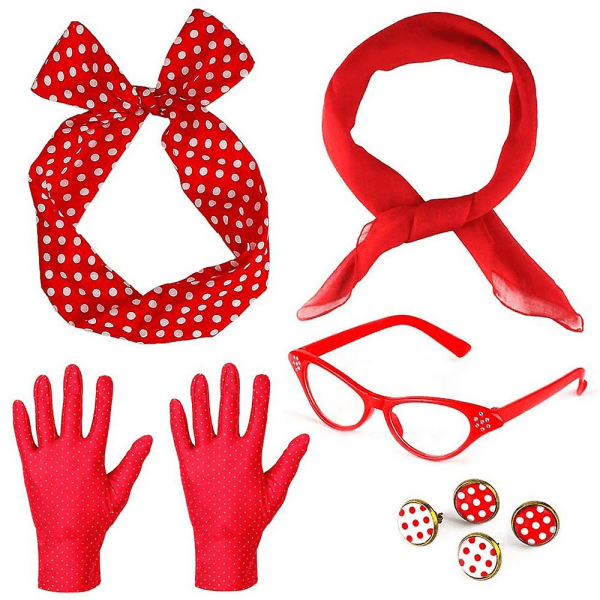 50-talet 60-talet retro vintage set damscarf, kattglasögon, prickig bandana, knytband, örhängen och handskar (5 st) Red