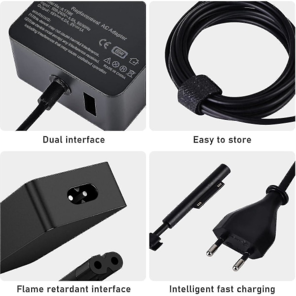 Surface Pro laddare, 65w 15v 4a Microsoft Surface Charger-kompatibel Surface Laptop 4/3/2/1, Surface Book1/2, Surface Pro 3/4/5/6/7/8/9/x, Surface Go