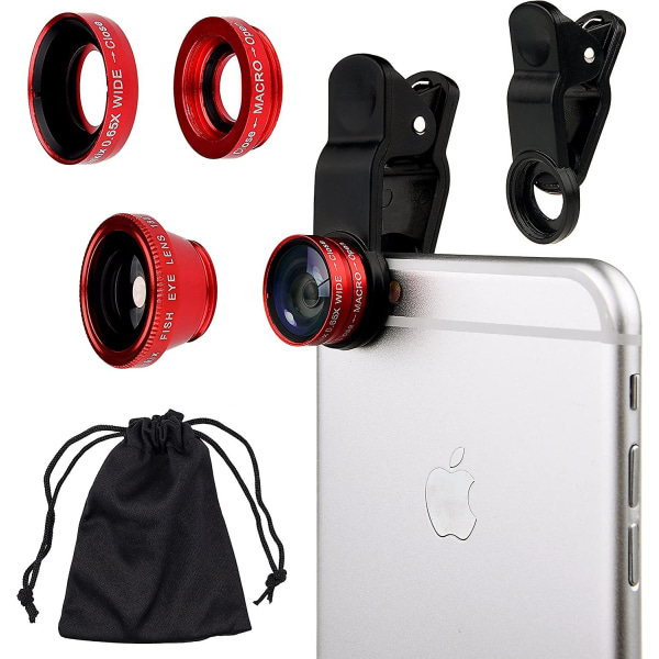 Universal 3-i-1-mobilkameraobjektivsats för smartphones inklusive - Fish Eye-objektiv / 2-i-1 makroobjektiv & vidvinkelobjektiv/ universal /bärväska Red