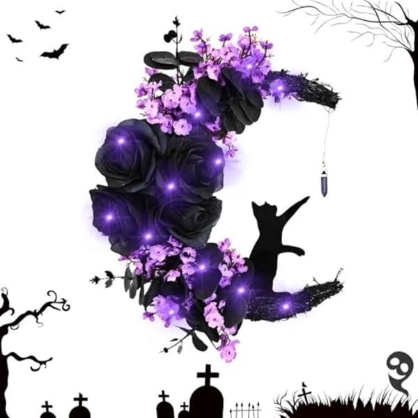 Halloween Moon Black Cat Garland med lampor (Moon Cat Purple) 5