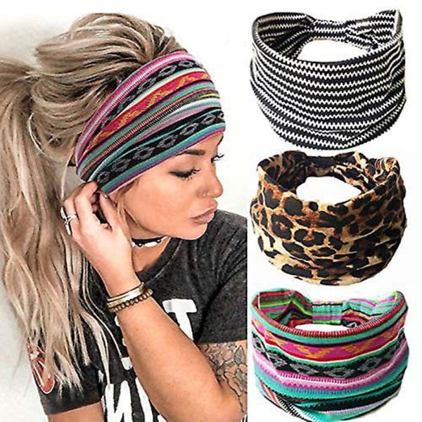 Pannband Leopard Hårband Knuten turban Pannband Stretch Twist Head Wraps Randig tyg Pannband Kompatibel med kvinnor och flickor 3 st (boho)