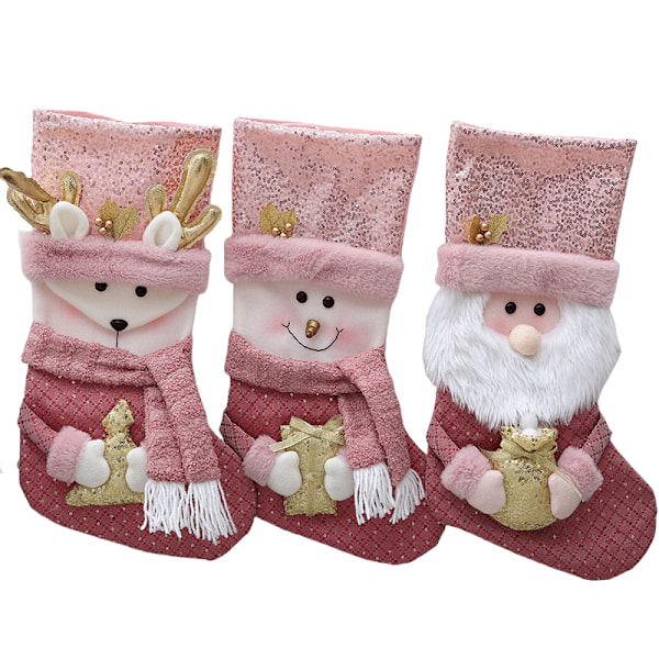 Plush Christmas decoration, Christmas stocking and gift bag hanger, set of three.