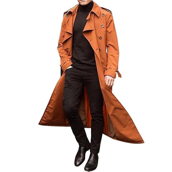 Män Trench Coat Dubbelknäppt Lapel Windbreaker Man Långjacka Ytterkläder Orange M