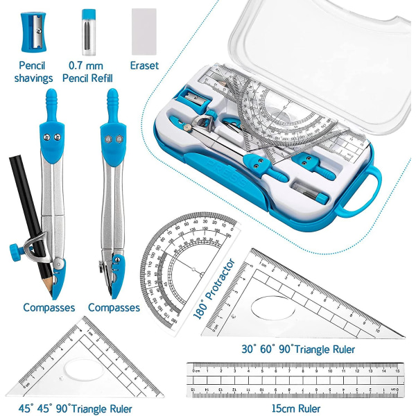 10 stycken Geometri Math Supplies Kit inklusive kompassprotraktor linjal raderpenna påfyllning pennvässare förvaringsbox för ritning och mätning