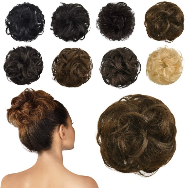 100% äkta människohår bulleförlängning, rörig bulle hårbit lockigt hår scrunchies chignon hästsvansförlängningar kompatibla med kvinnor flickor uppsättning donut hårbit Dark Brown