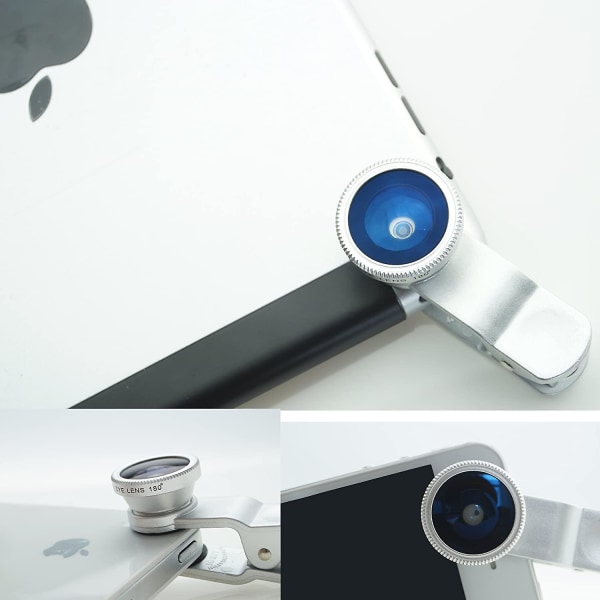 Universal 3-i-1-mobilkameraobjektivsats för smartphones inklusive - Fish Eye-objektiv / 2-i-1 makroobjektiv & vidvinkelobjektiv/ universal /bärväska silver