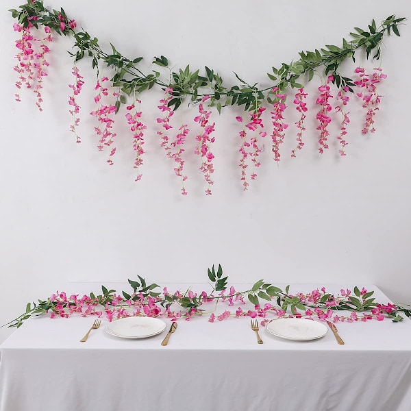 2 x 7 ft Kunstig Wisteria Vine Garland Falsk Blomst Wisteria Girlander til Udendørs Indendørs Bryllup Vægge Badeværelse Dekoration (Lilla) Magenta