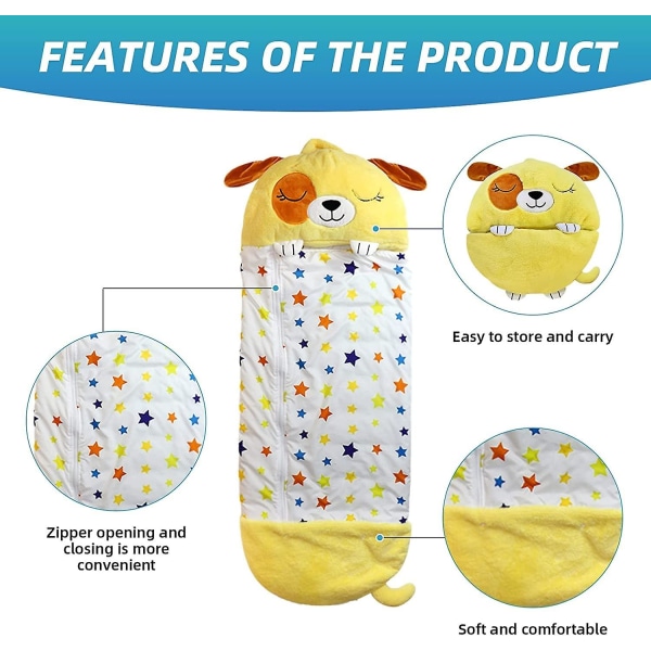 Barn sovsäck med kudde, barns 2 i 1 kudde sovsäck, hopfällbar tecknad djur sovsäck, för barn att leka och campa (1 st, gul
