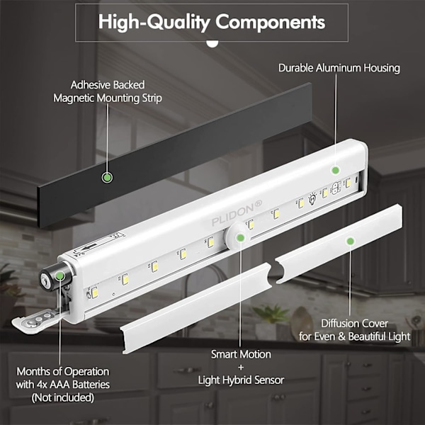 Led-lampa rörelsesdetektor batteri inomhus, 4-pack trådlös klädskåpslampa led-listbelysning för trappor garderob under skåp kök