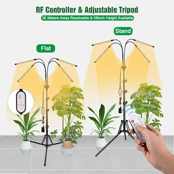 LED-växtlampor för inomhusväxter Full Spectrum Plant Light med 15-60 tum justerbart stativ, röd blå vit golvväxtlampa med 4/8/12H