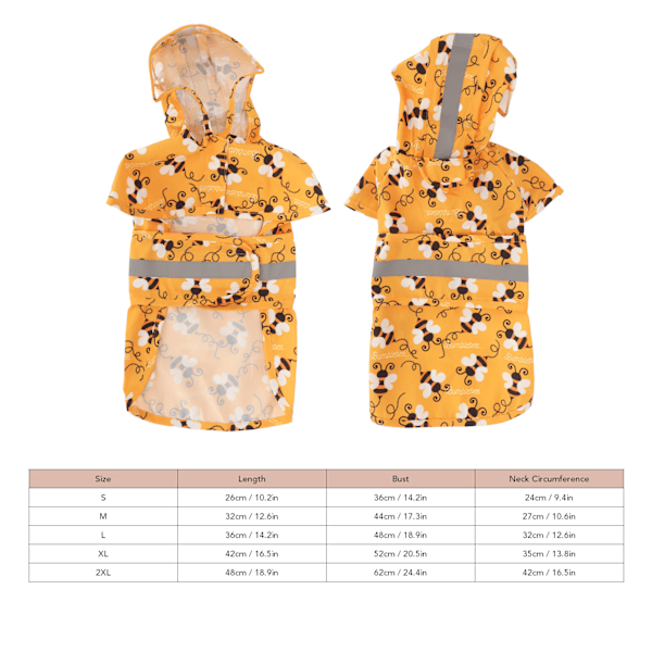 Hundregnrock Reflekterande Andningsbar Lätt Bi Mönster Valpregnjacka med Huva för Vandring Camping Promenader L