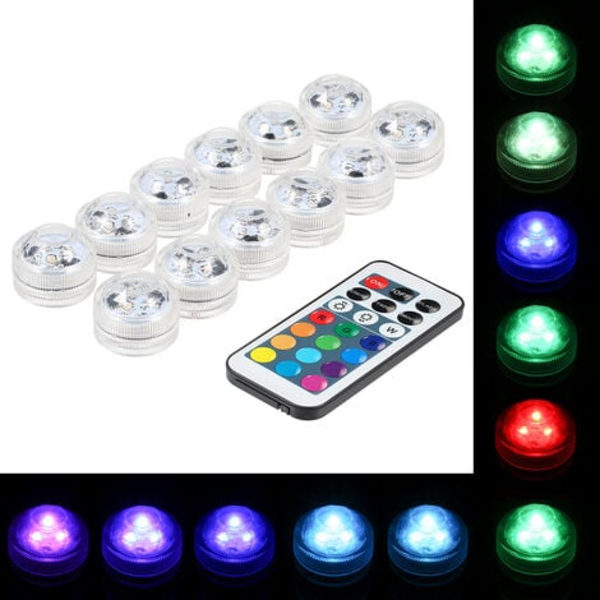 Mini färgglad RGB LED dyklampa IP68 vattentät med fjärrkontroll, 12 st RUIOIU