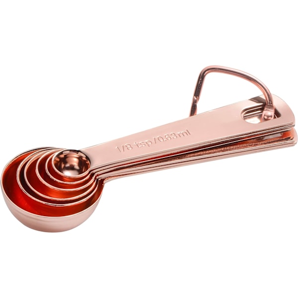 Roséguldmått för torra och flytande ingredienser, kopparpläterade metallmåttskedar set om 6 med Easy-Lock-ring för köksbakning