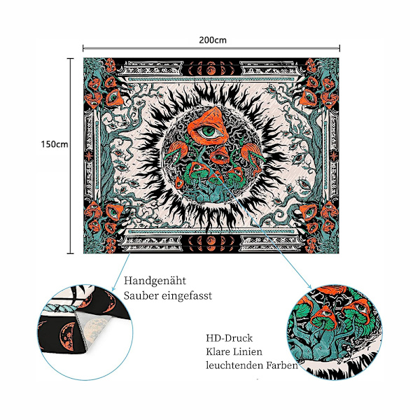 Svampar Gobeläng Brinnande Sol Väggduk Hippie Ögon Vägg Hängande Mandala Rankor Gobeläng Måne Gobelänger Estetisk för Sovrum, 200 x 150 cm