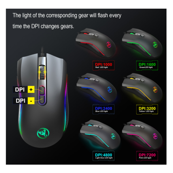 RGB-spelmus, bakgrundsbelyst, ergonomisk, 7 programmerbara knappar, 7200 DPI för Windows PC (svart) $Spelmus med sladd [7200 DPI]