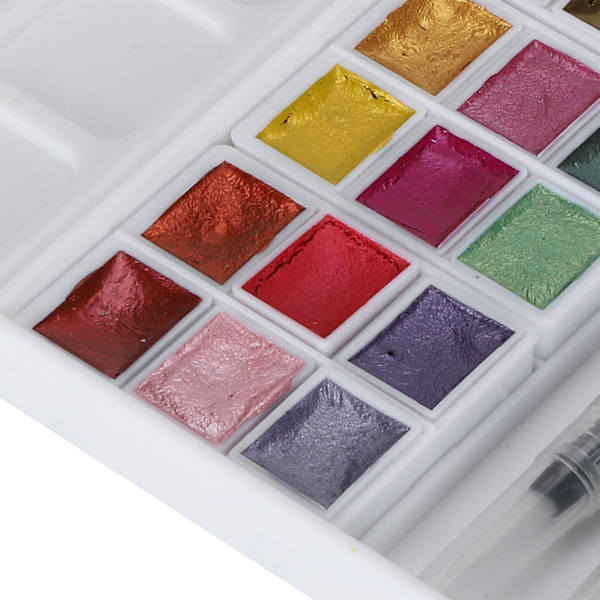 Akvarellfärg Set Hemma Utomhus Ljusa Färger Pärlemorskimrande Akvarellpigment med Box24 Färger Pärlemorskimrande Färg