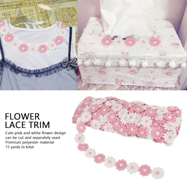 Daisy-lappar 15 meter polyester söta rosa vita blommor bred applikation blomsterlappar för sömnad broderi DIY