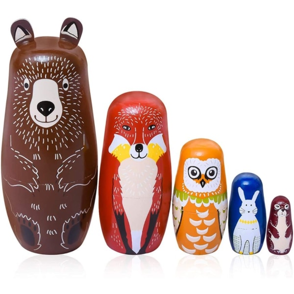 Ryska häckande dockor för barn, 5-delade söta tecknade djurmönster, bra leksakspresent för flickors födelsedag för pojkar eller heminredning