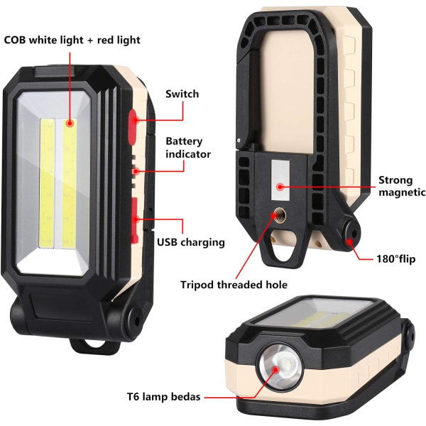 LED-arbetslampa Campinglampa Uppladdningsbar LED-strålkastare Uppladdningsbar arbetslampa COB Verkstad Lampa Fackla Ficklampa med Magnetfot för Garage,