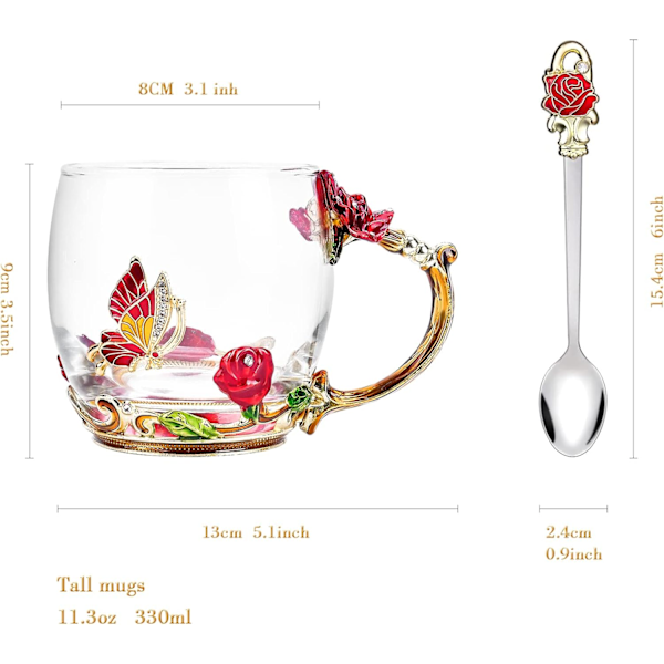Rosblomsdesign, Mugg med fjärilsdekorationer och matchande rostfri sked för unika presentidéer Red Gold