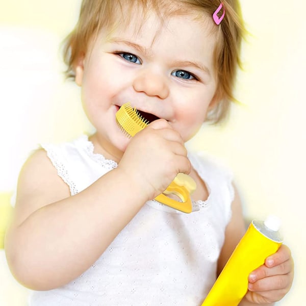 U-formad barntandborste med mjuk silikontandborste, gul