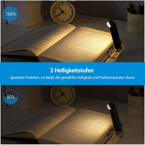 USB-laddningsbar läslampa som kan läsas i sängen, varm vit, justerbar ljusstyrka, LED-klämma på läslampa, mycket lämplig för bokmaskar och