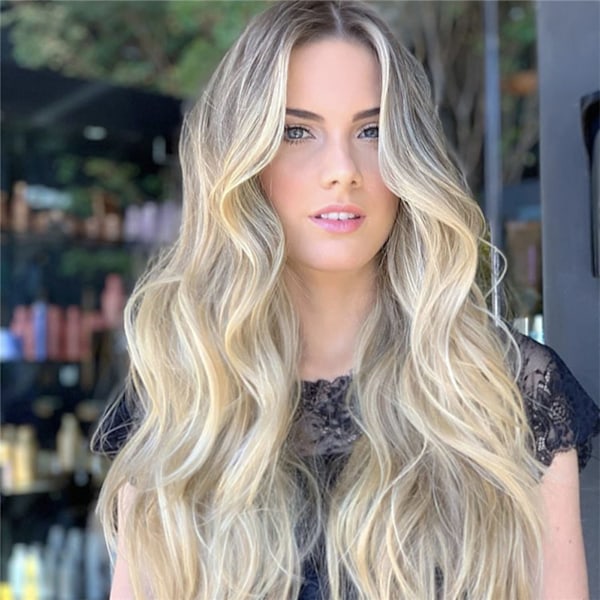 Stilfull Lång Blond Peruk, Naturlig Gradient vid Rötterna Ger En Sömlös Övergång Vid Hårfästet, Högkvalitativt Syntetiskt Hår Är Mjukt Och Hållbart, Universell