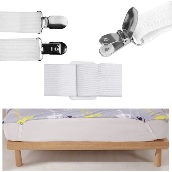 Flexibla Stretchiga Elastiska Lakanhållare, 12 st Vita Justerbara Elastiska Dra-på-lakanband med Metallklämmor för Släta Skrynkelfria Sängkläder, Kraftiga