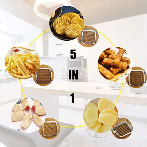 Multifunktionellt verktyg för pommes frites, rostfritt stål 5 skärmetoder, ergonomisk design ansträngningsbesparande snabbskärare för restaurang hemmakök