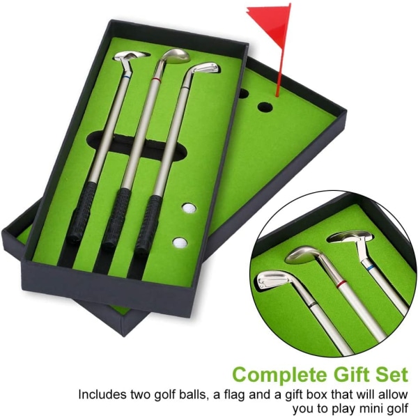 Golfpenna och golfbollsset, miniatyr skrivbordsset med golfbollspenna, presentset med golfpennor, miniatyr golfpennor och flaggpresentask, kontorsdekorationer för golfentusiaster