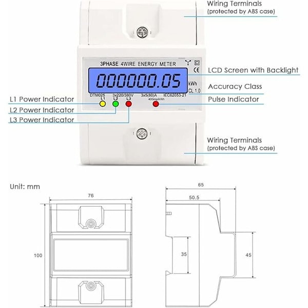 Digital LCD Energimätare, Trefas 4-tråds Förbrukningsmätare med Bakgrundsbelyst Display, Anti-elektromagnetisk Intereferens Stabilitet Säkerställer Noggrannhet