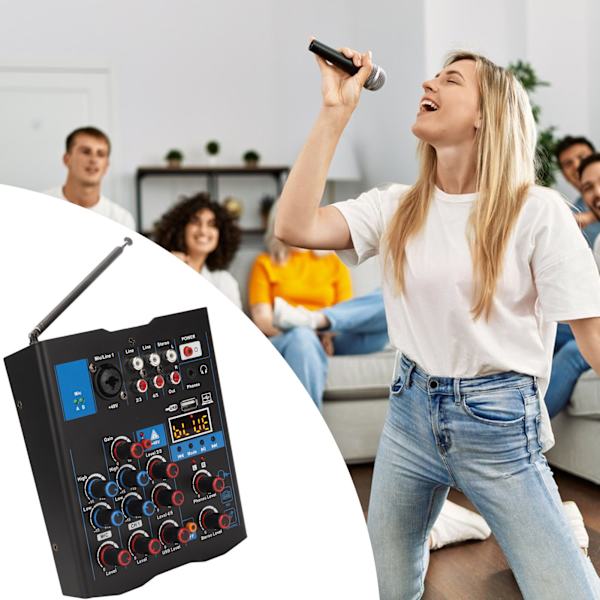 Dubbelmikrofon Mixer 4 Kanaler Liten Metall USB Bluetooth Mixningsbord med Trådlös Mikrofon för Live Streaming Karaoke