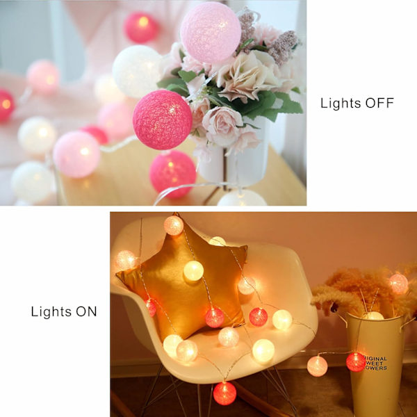 Rosa ljusbollsgirlang sovrum - Bomullsboll Ljusgirlang - 3 M 20er LED String Light-Bärbar LED-ljusgirlang för inomhusbruk