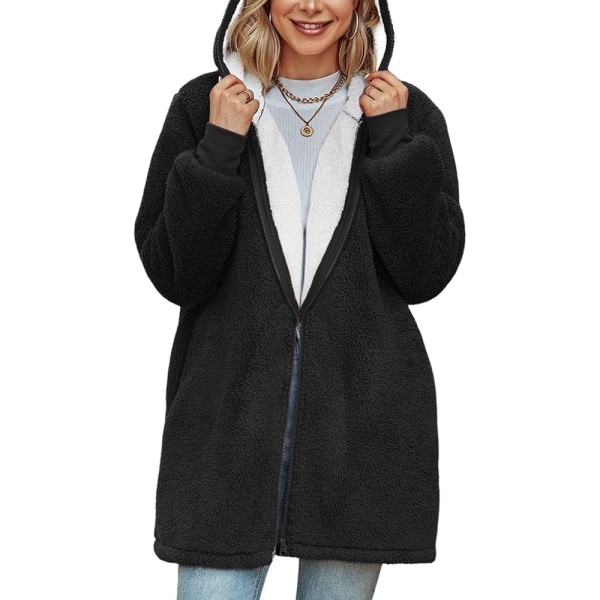 Dam lång fleece jacka med huva Plus size långärmad fluffig plysch kappa varm teddy fleece jacka vinter hoodie ytterkläder kofta (L)