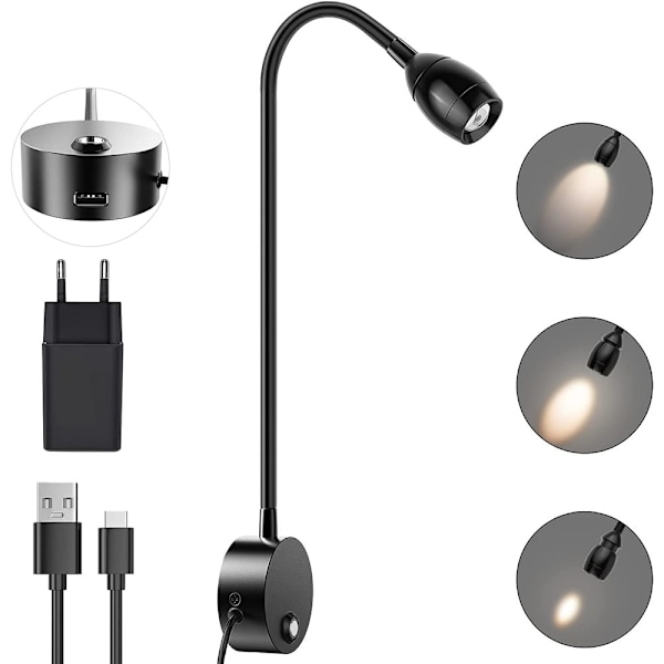 ERAY Väggmonterad Läslampa, LED Sänglampa, Touch-brytare, Fokuserbar, 3 W Touch Dimbar, Plug-in Flexibel Svanhals USB Laddningsport, Sänglampa